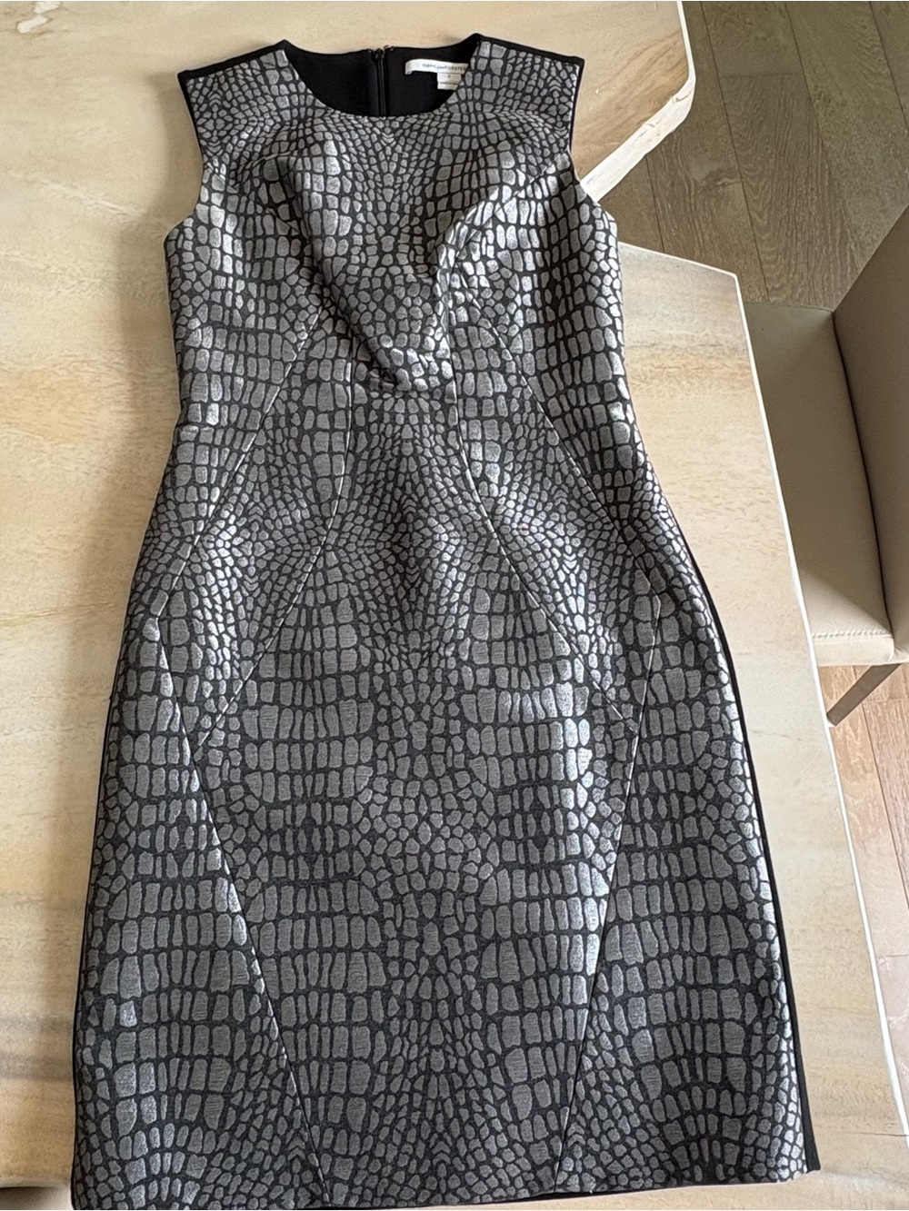 Sleeveless Gray/Black Textured Sheath Dress- Diane Von Furstenburg